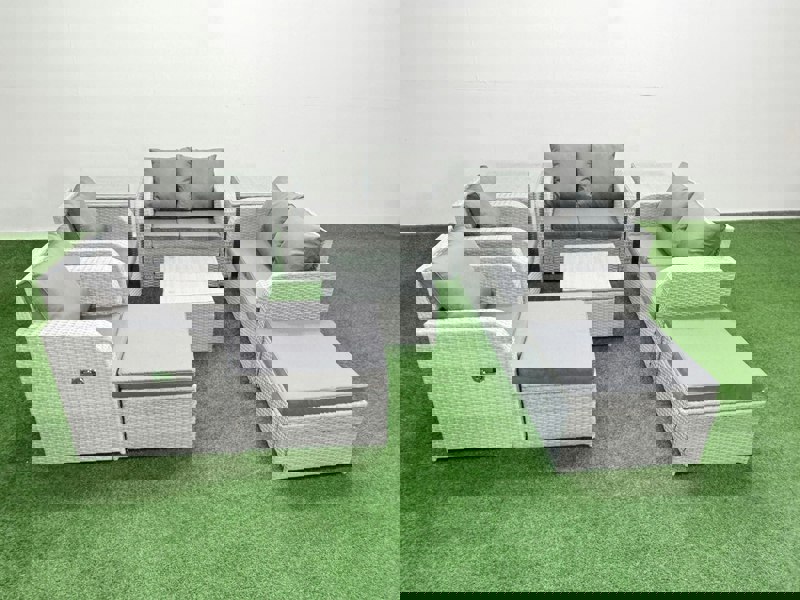Fimous 8 Seater Outdoor Reclining Chair Love Sofa Set Rattan Garden Furniture Set with Square Coffee Table 2 Big FootStools  2 Side Table Light Grey