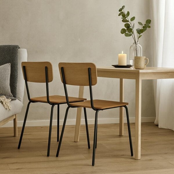 Wyld Haus Set of 4 Sorenna Natural Oak Wood Effect Dining Chairs Black Metal Legs