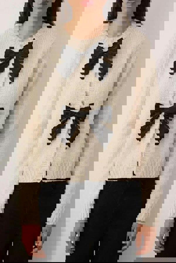 WOVCOR Crew Neck Knit Cardigan with Ribbon Detail