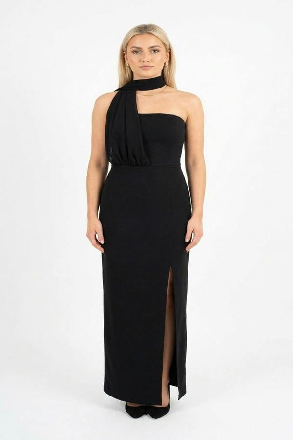 Celeste High Slit Draped Scarf Maxi Dress - Black