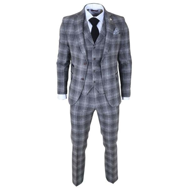 Infinity Leather Men's Formal Grey Tweed  3 Piece Check Vintage Gatsby Style Suit