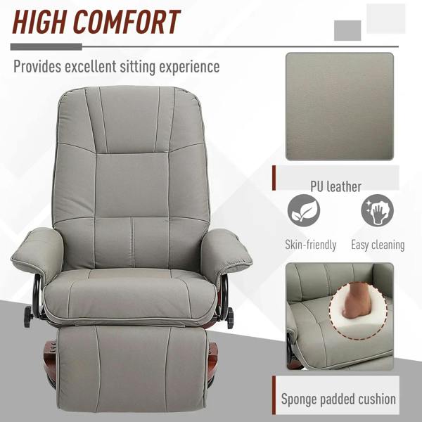 Grey PU leather recliner chair with sponge-padded cushions and easy-clean upholstery.