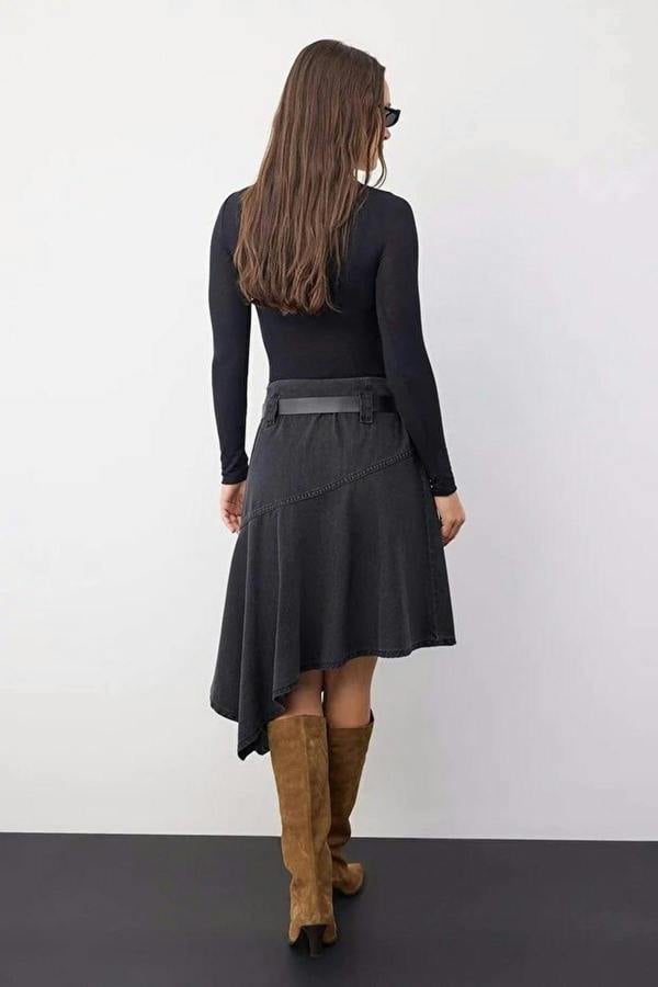 WOVCOR Belted Asymmetrical Midi Denim Skirt