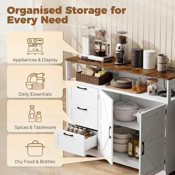 Sideboard Cabinet with Power Outlet, Farmhouse Kitchen Cabinet with 3 Drawers and Open Shelf, White