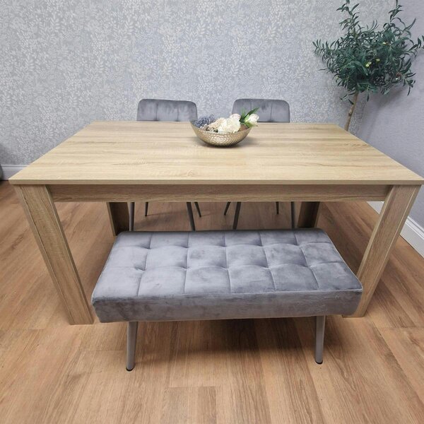 Kosy Koala Oak Effect Dining Table Set With 2 Grey Velvet Chairs And 1 Grey Bench Dining Room Furniture