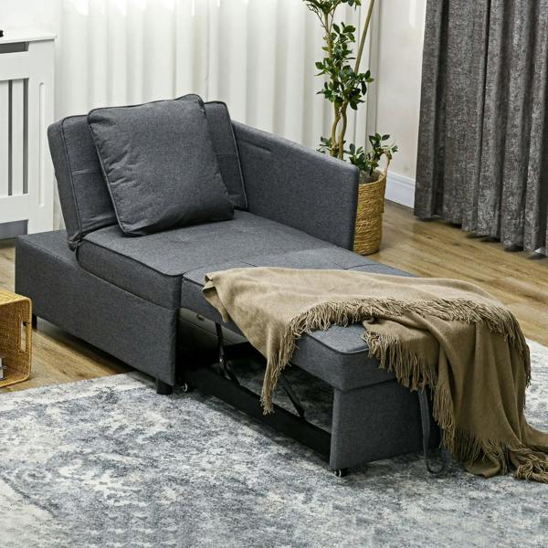 Grey convertible sofa bed with two back cushions and extended sleeping surface