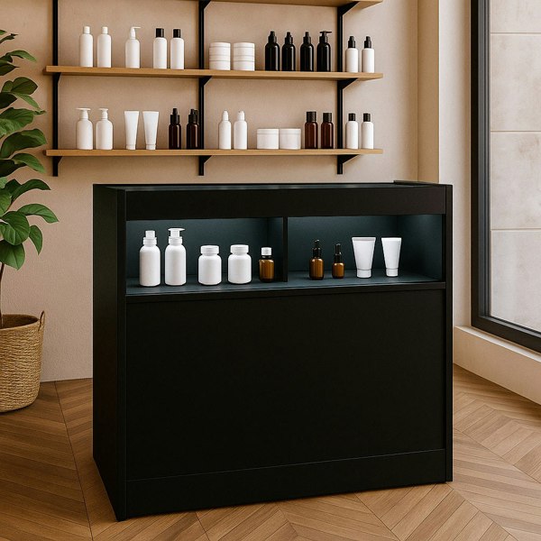 Black LED retail shop counter B1200 with sleek design, illuminated shelves displaying various skincare products, modern aesthetic