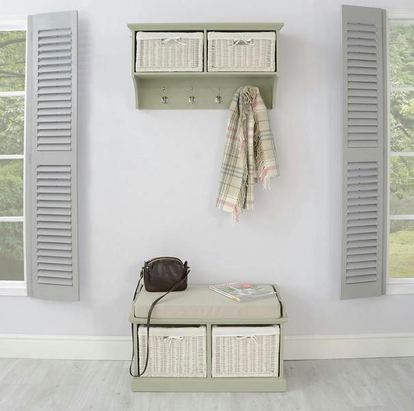 Statement Furniture Tetbury Hanging Shelf with 2 White Wicker Baskets. Wallmounted Coat Rack Assembled