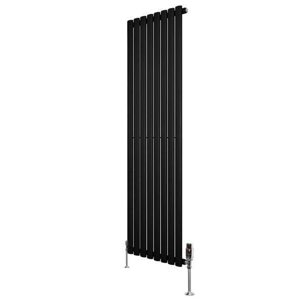 Sleek black oval single column radiator with vertical slats, measuring 1600mm x 480mm, complemented by stylish valves