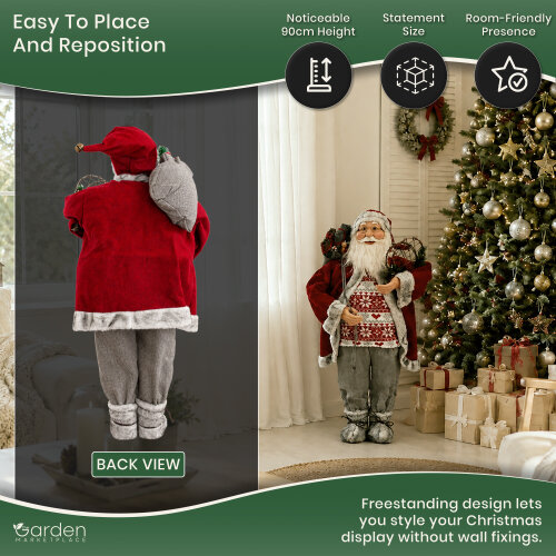 90cm Freestanding Father Christmas Figure with Presents Sack & Snowshoes, Rustic Santa Decoration with Fabric & Wool Clothing