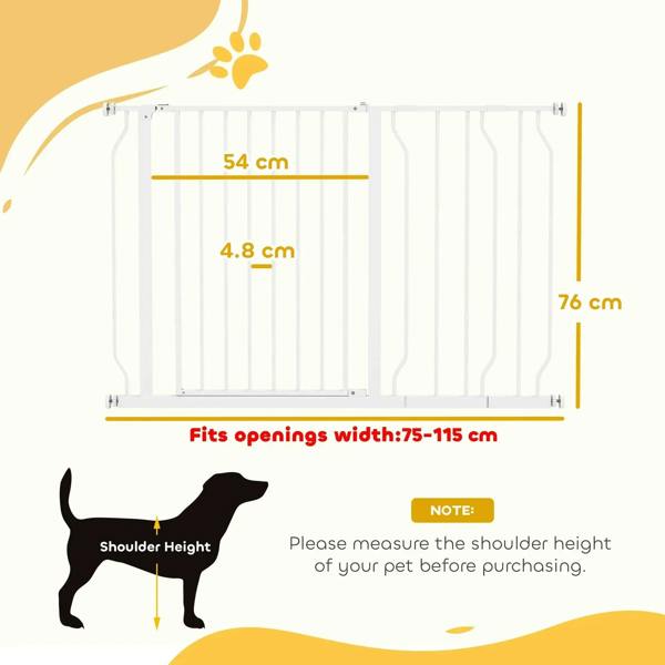White dog safety gate sizing diagram with dimensions and adjustable width range