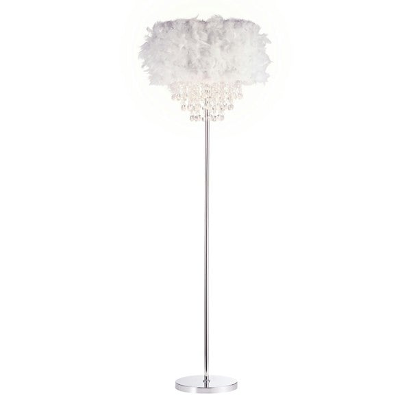Modern Chandelier Style Grey Feather Floor Lamp with Waterfall Drops Image 1