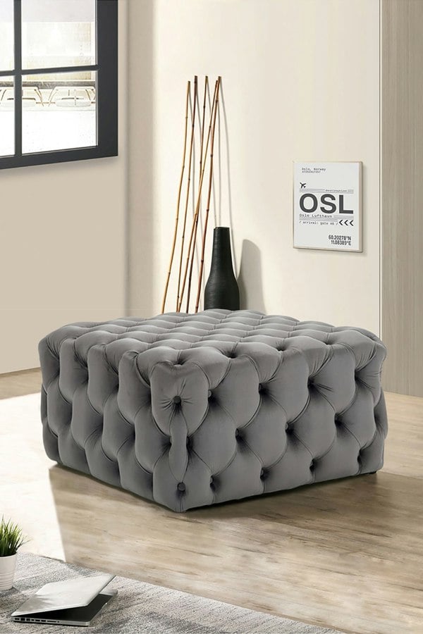 Living and Home 70cm W Grey Velvet Buttoned Tufted Square Footstool Coffee Table