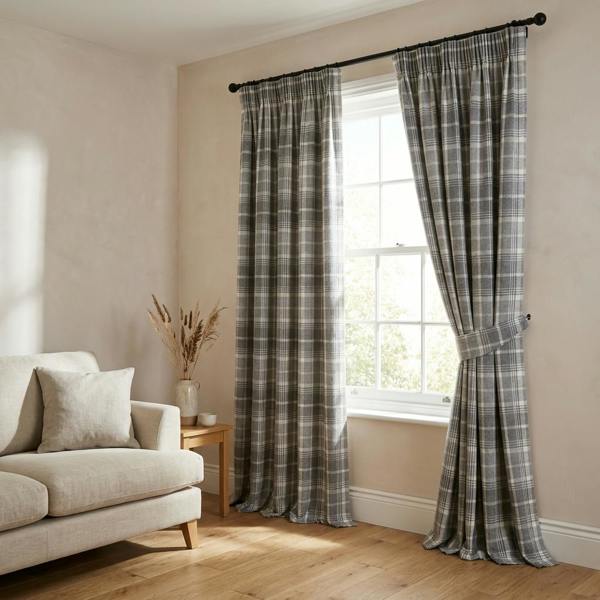 Trinity made-to-measure curtains in Dove Grey, styled in a living room