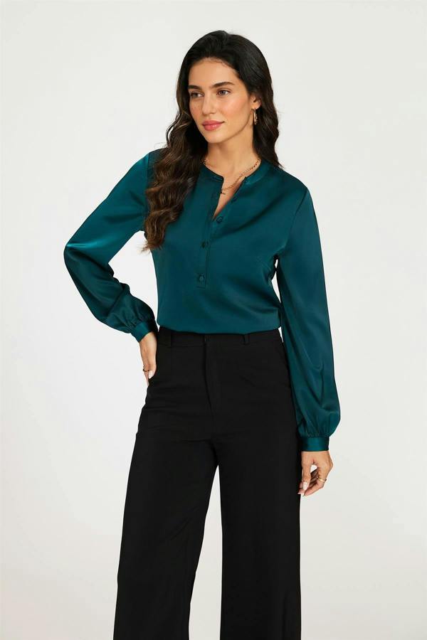 FS Collection Long Sleeve Satin Blouse Top In Teal