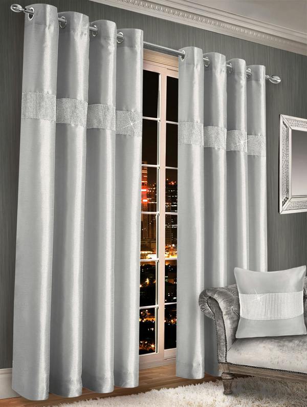 Intimates Elegant Ring Top Faux Silk Diamante Panel Curtains - Luxury Living Room Drapes - High-Quality, Durable Curtains - 117cm x 137cm