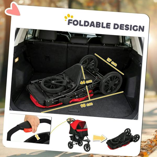 Foldable red and black pet stroller shown in open cargo-view with wheels beneath