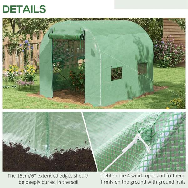 Green walk-in garden greenhouse with PE cover, steel frame, and side windows