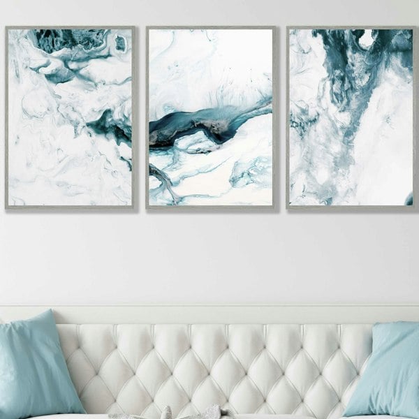 Artze Wall Art Abstract Teal and White Set of 3 Framed Wall Art