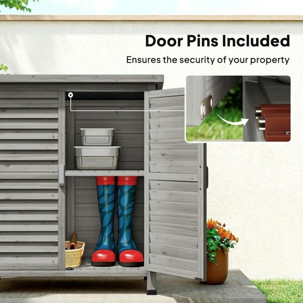 Grey wooden shed entrance with open double doors and door pins shown inside