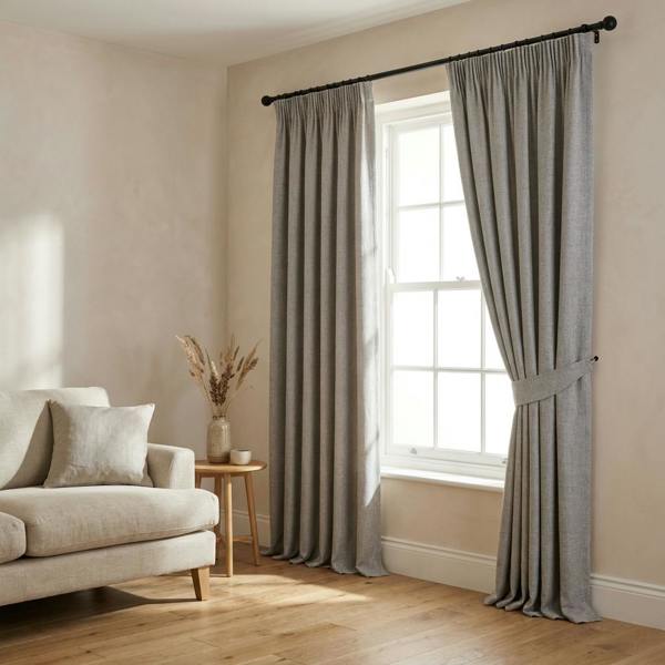 Hopsack made-to-measure curtains in Platinum, styled in a living room