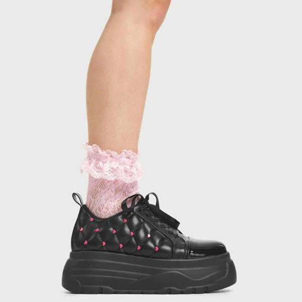 Lamoda Tough It Out Black PU Pink Hearts Knee High Platform Boots Trendy