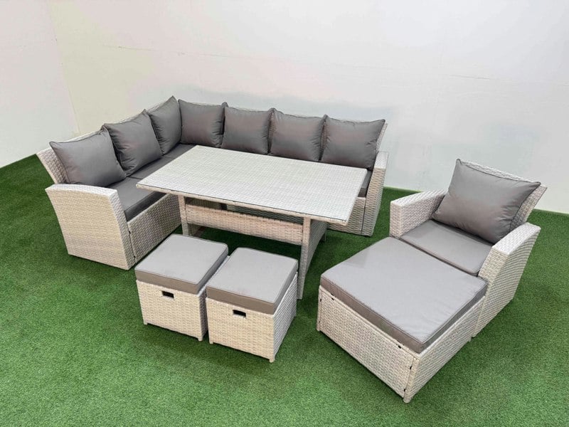 Fimous 10 Seater Rattan Garden Furniture Set Outdoor Patio Dining Corner Sofa Sets with Dining Table Chair 3 Footstools Light Grey Mixed