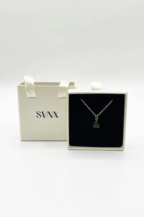 SVNX Rhinestone Teardrop Pendant Necklace in Green - Gift Boxed