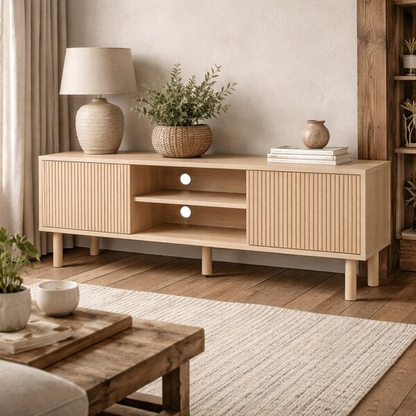 Wyld Haus Rodo Wooden Oak Effect TV Storage Unit With Sliding Door Design