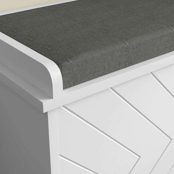 Close-up of white bench frame with gray padded seat top