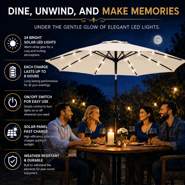GlamHaus Garden Parasol Solar LED 2.7M ,Tilting Table Umbrella with Crank Handle, Protection UV40, Includes Parasol Cover- Cream
