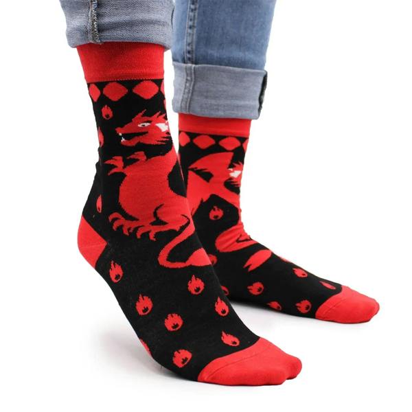 Hop Hare bamboo socks in red and black with dragon and flame prints