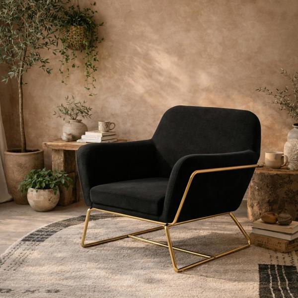 Wyld Haus Marseille Black Velvet Upholstered Armchair Gold Metal Legs