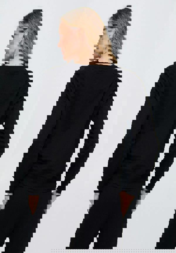 Person wearing a black sweater and pants on a plain background