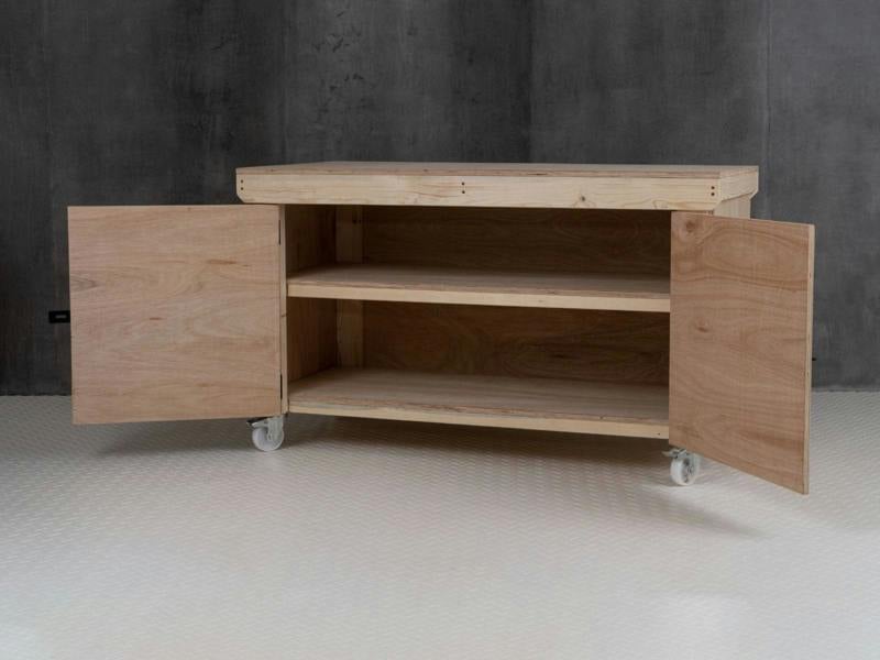 Arbor Garden Solutions Wooden Eucalyptus hardwood top workbench with lockable cupboard (V.9) double shelf and wheels