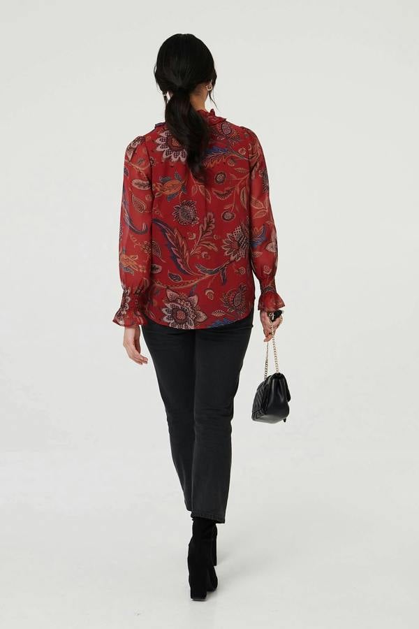 Red | Floral Frill High Neck Relaxed Blouse