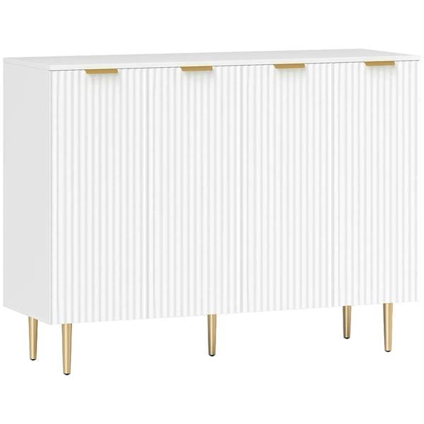 White sideboard buffet cabinet with ribbed doors and metal legs