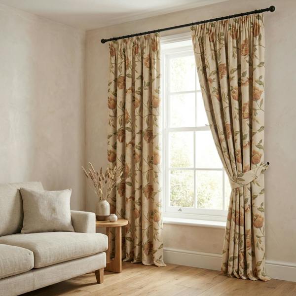 Acacia made-to-measure curtains in Natural, styled in a living room