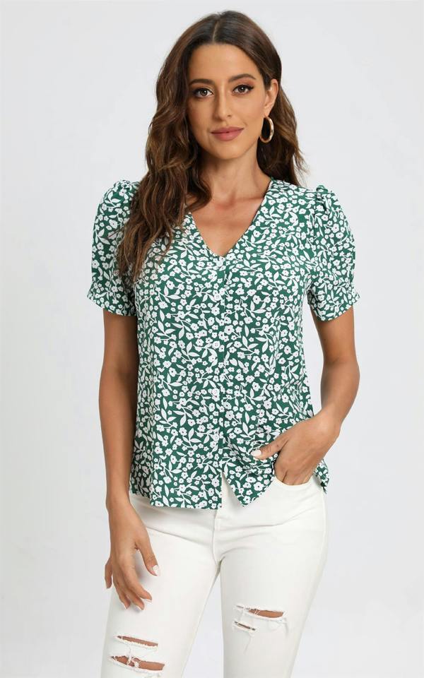 FS Collection Short Sleeve Buttoned Blouse Top In Green & White Flora  Print