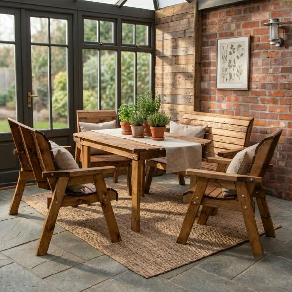 Samuel Alexander Handmade 6 Seater Rustic Wooden Indoor Dining Table, Bench & Chair Set