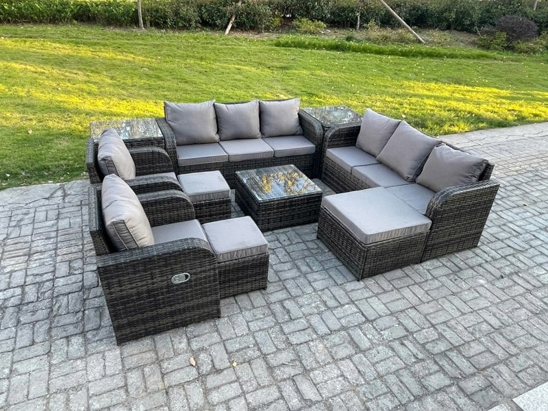 Fimous High Back Rattan Garden Furniture Set with Square Coffee Table 3 Footstools 2 Side Tables Indoor Outdoor Patio Lounge Sofa Set Dark Grey Mixed