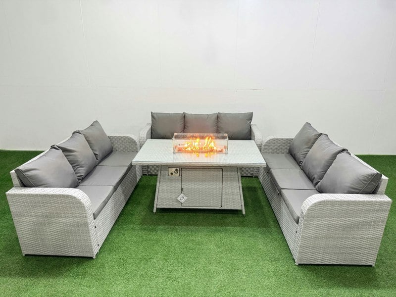 Fimous PE Rattan Lounge Sofa Set 9 Seater Outdoor Garden Furniture Set with Fire Pit Dining Table 3 Seater Sofa Light Grey
