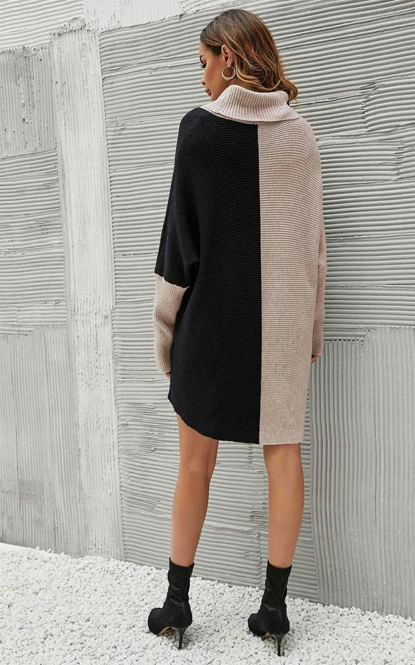 FS Collection High Neck Half Forest Beige & Black Block Colour Jumper Top