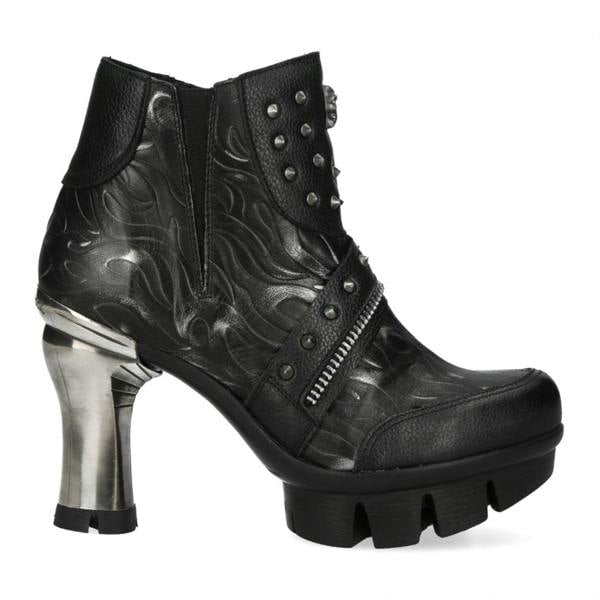 New Rock Womens NEOPUNK001-C19 Black Gothic Heeled Punk Leather Ankle Boots