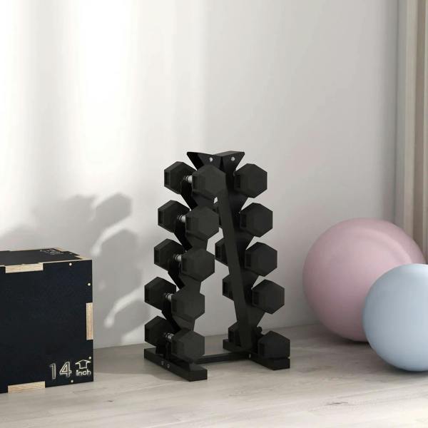Black five-tier dumbbell storage rack on floor with cradle tiers visible.