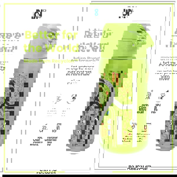 A green, child-themed water bottle sits against a white background. It's made from a plant-based polymer, is BPA-free, odour resistant, and dishwasher safe. The text reads: "Better for the World," "Made from Recyclon™," "A food grade carbon neutral plant based polymer," "Carbon Neutral," "BPA Free," "Odour Resistant," "Dishwasher Safe," "ION8," and "POD RECYCLON™".