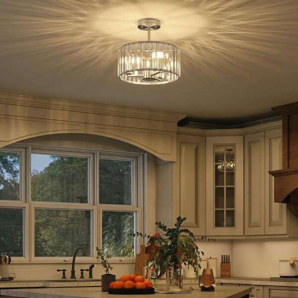 Semi Flush Mount Modern Crystal Chandelier Ceiling Light, Crystal Ceiling Light Fixture with E14 Base, Silver Tone