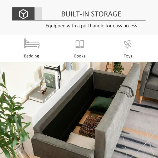 Grey fabric sofa with open storage compartment and pull-handle access