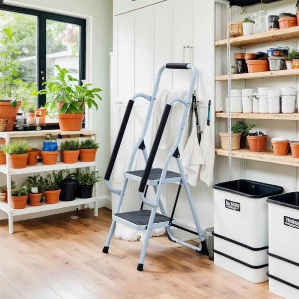 Gr8 Home 2 Step Ladder Folding Stool Non Slip Tread Steel Foldable Home DIY With Handrail