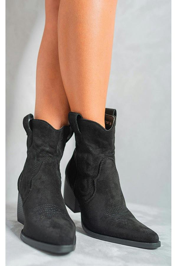 Laura Suede Cowboy Ankle Length Boots - Black